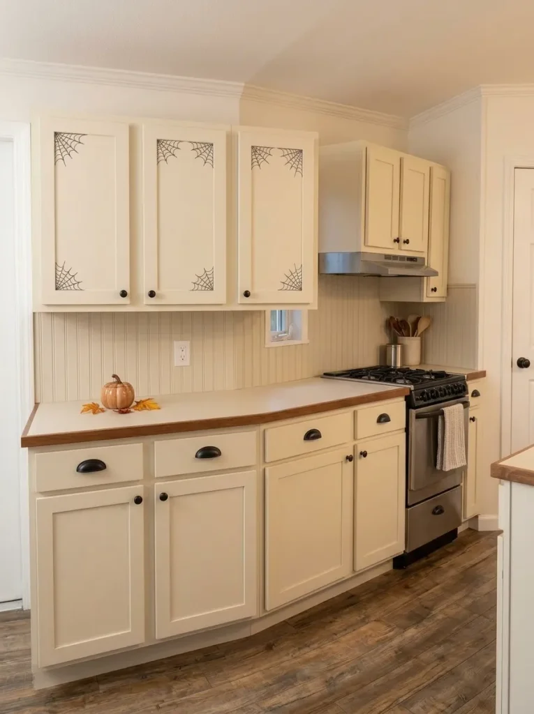 Removable spiderweb corner decorations on selected upper cabinets in a small mobile home kitchen.