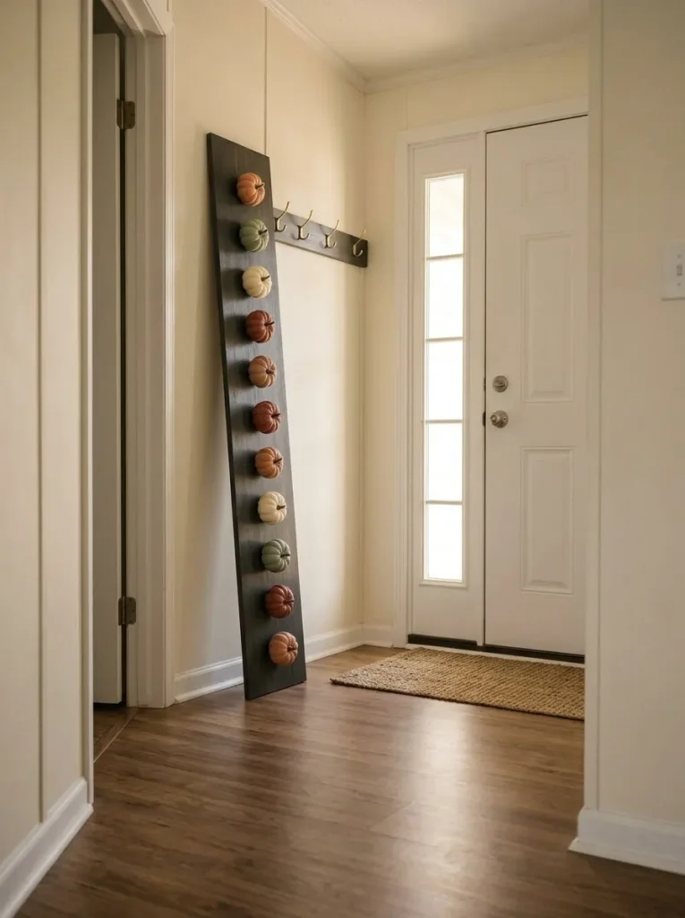 Tall stacked-pumpkin welcome board using a narrow entry wall while leaving the small mobile home walkway clear.