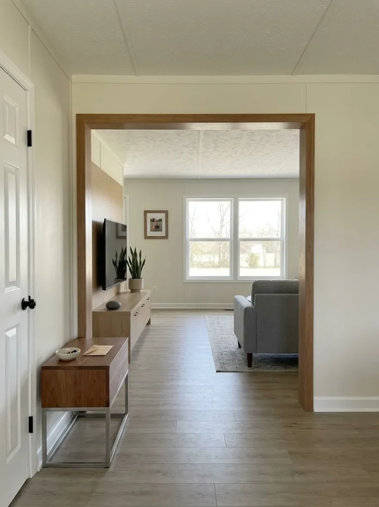 Existing wide opening between mobile home living and dining zones framed with warm stained wood.