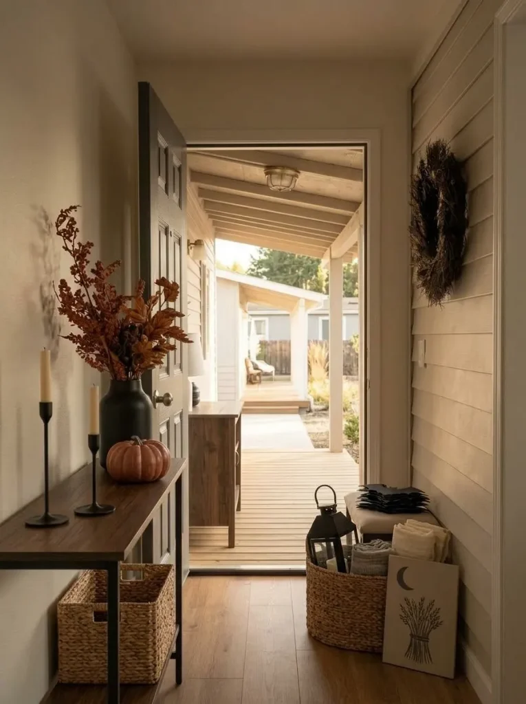 Flat bats, folded gauze, nested lanterns and collapsible Halloween decorations stored compactly beside a small mobile home entry.