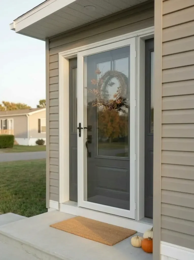 Clear storm door layered over a decorated mobile home front door with one restrained fall wreath.