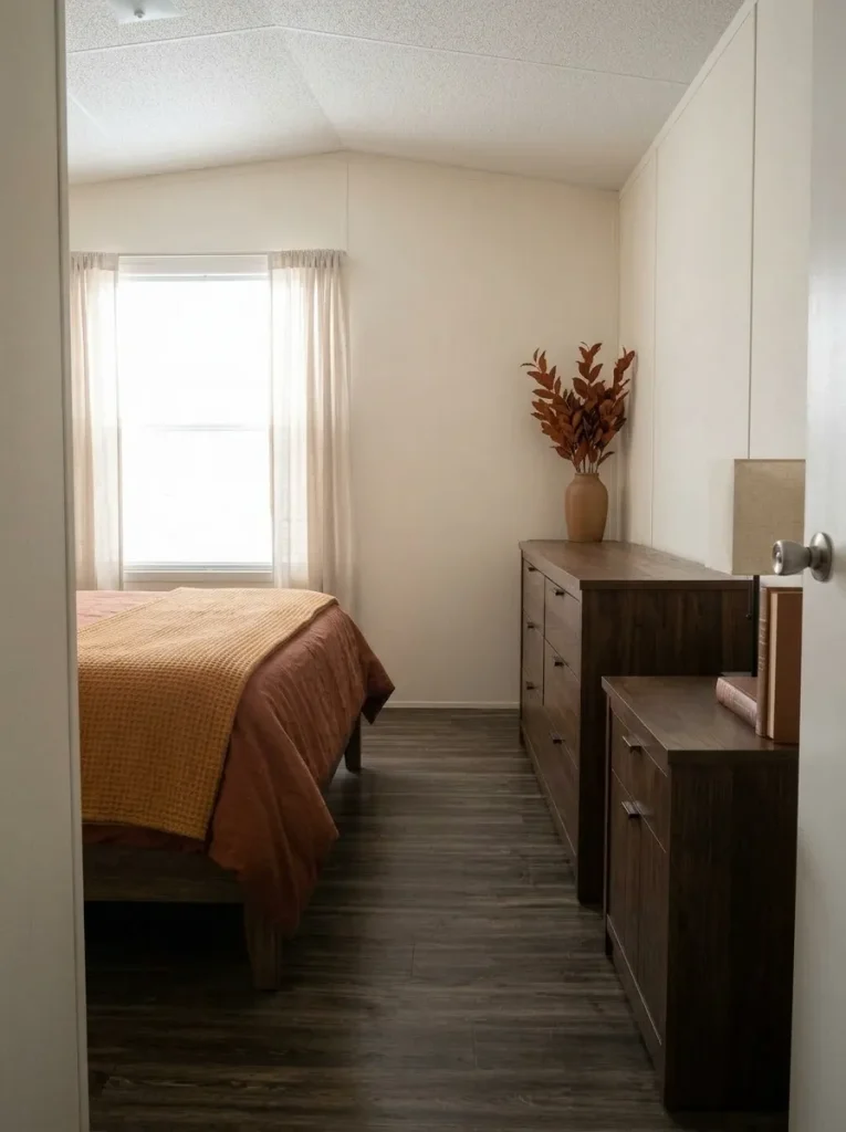 Tall dried fall branches placed at the back of a dresser to preserve the walking path in a compact manufactured-home bedroom.