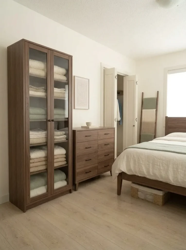 Tall glass-front linen cabinet with neatly folded quilts in a small mobile home bedroom while the surrounding floor stays open.