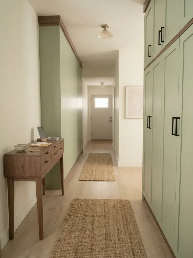 Tall shallow cabinet in a narrow mobile home providing vertical storage while leaving the adjoining walkway open.