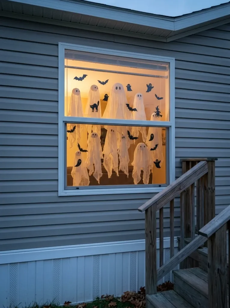 Tension-rod ghost display hanging inside the front window of a small mobile home.