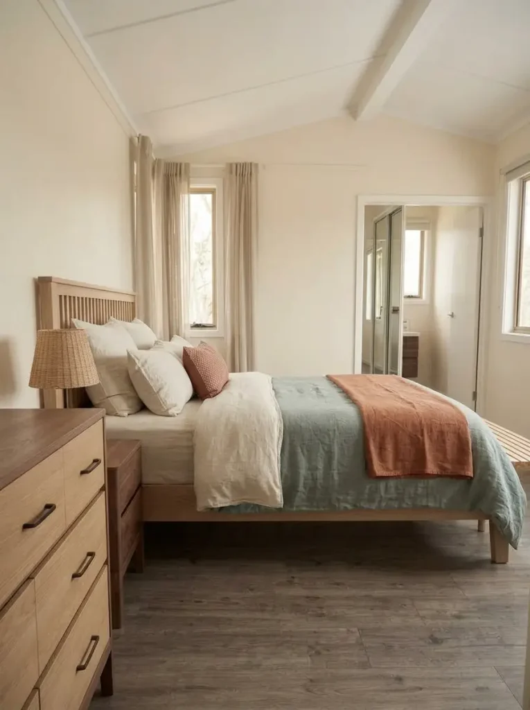 Cream and sage mobile home bedroom with warm wood finishes and terracotta used only in soft textiles.