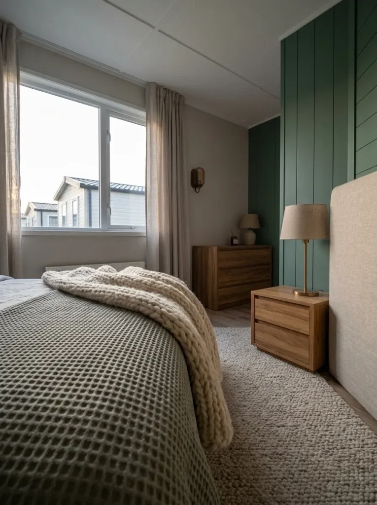 Quilted bedding, a knit throw, soft rug, and linen curtains add tactile warmth to a cozy mobile home bedroom.