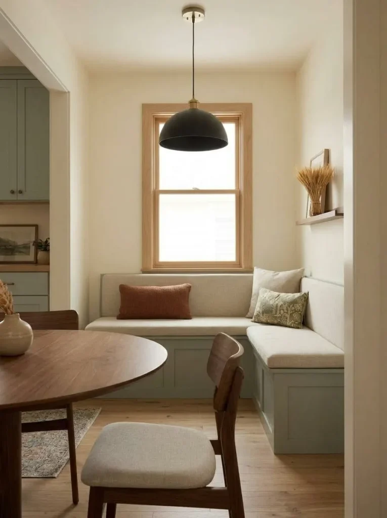 Shallow mobile home dining banquette with slim rust and neutral fall cushions that preserve comfortable seating depth.