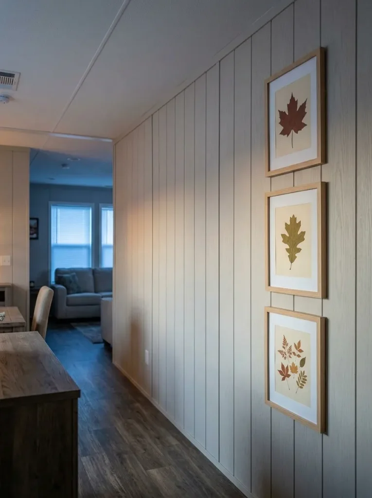 Repetition lets a few inexpensive frames add structure and height to a long wall without introducing bulky seasonal objects.