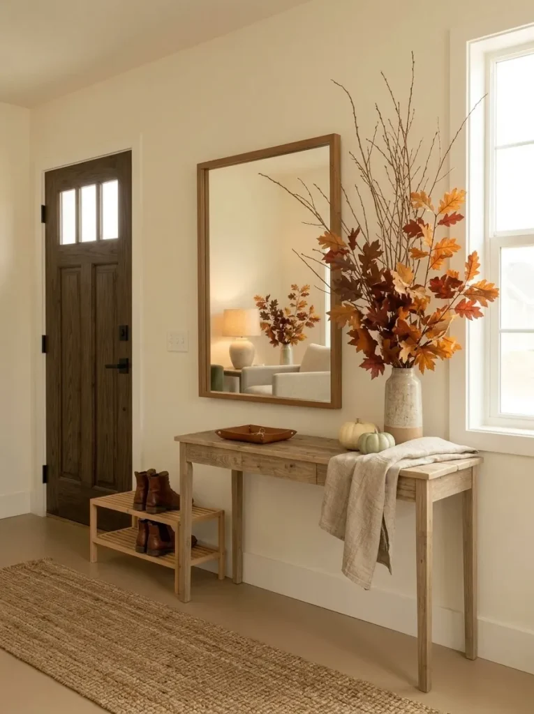 Small mobile home entryway showing balanced fall decor across floor, hand, and eye levels with the strongest detail placed higher.