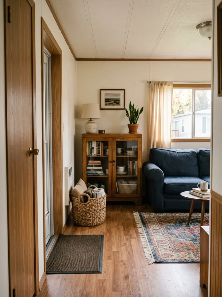 Sound vintage cabinet fitted into a compact mobile home living room with clear walking space and useful storage.