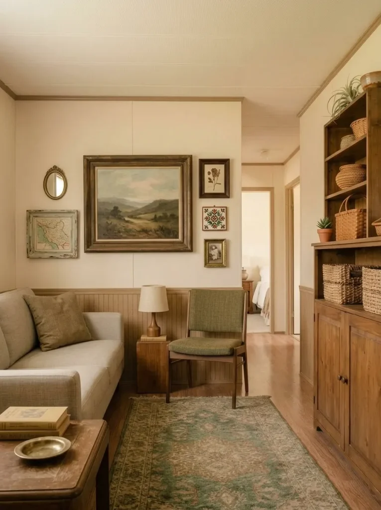 Vintage gallery wall centered around one large anchor artwork above an olive sofa in a compact mobile home living room.