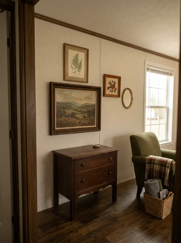 Small thrifted gallery wall with dark wood frames and faded vintage art above a clear mobile home dresser.