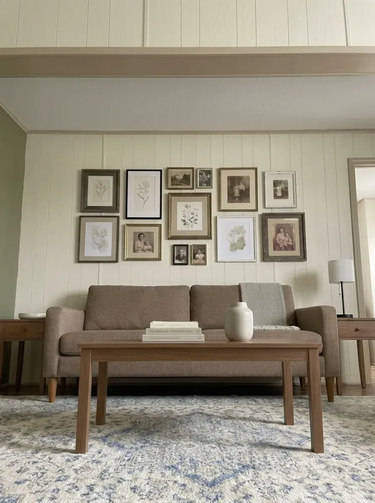 Thrifted frame gallery wall in a mobile home living room arranged with consistent spacing and coordinated neutral artwork.