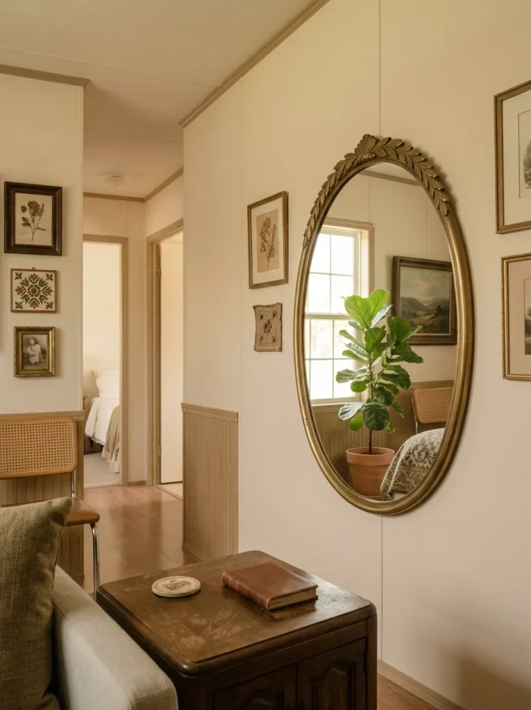 Thrifted vintage mirror reflecting a bright window, greenery and artwork in a compact mobile home interior.