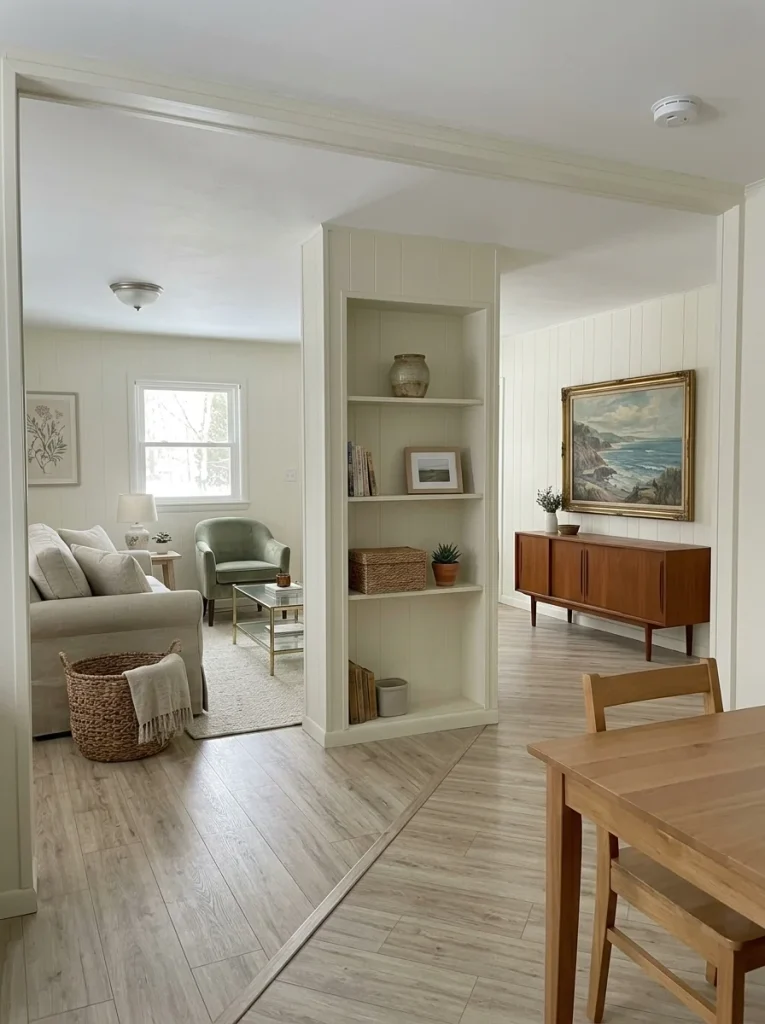 Mobile home living room using carefully selected thrifted table, lamp, artwork and basket that fit specific locations.