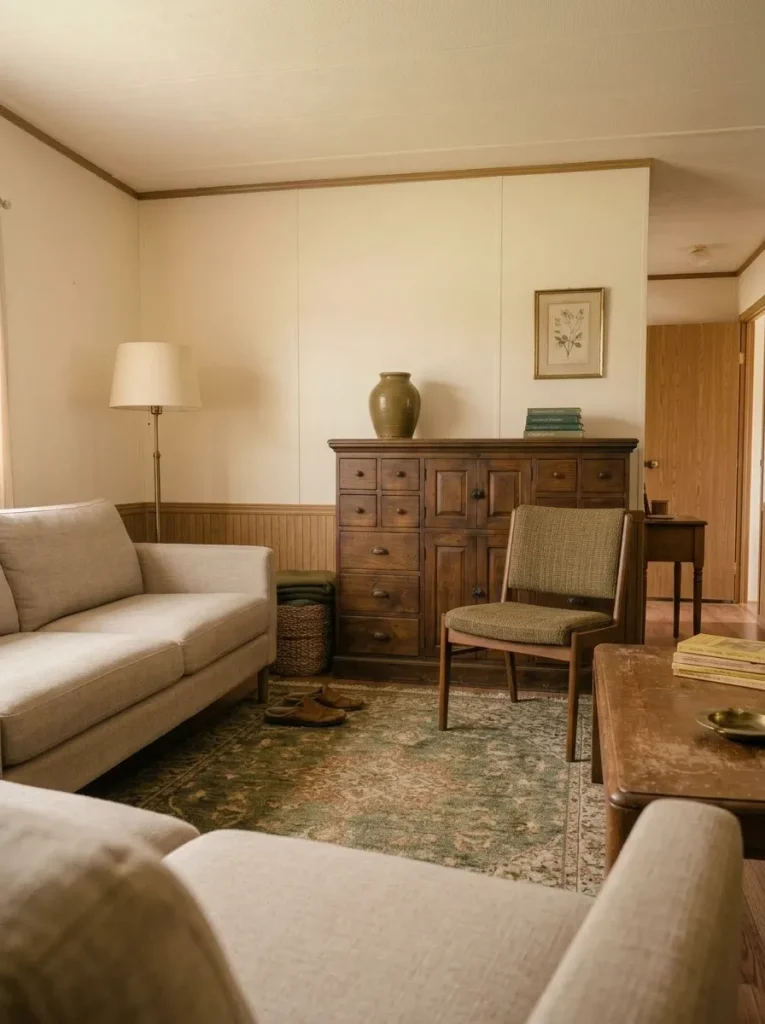 Mismatched thrifted armchair and sofa balanced by similar scale and seat height in a compact mobile home living room.