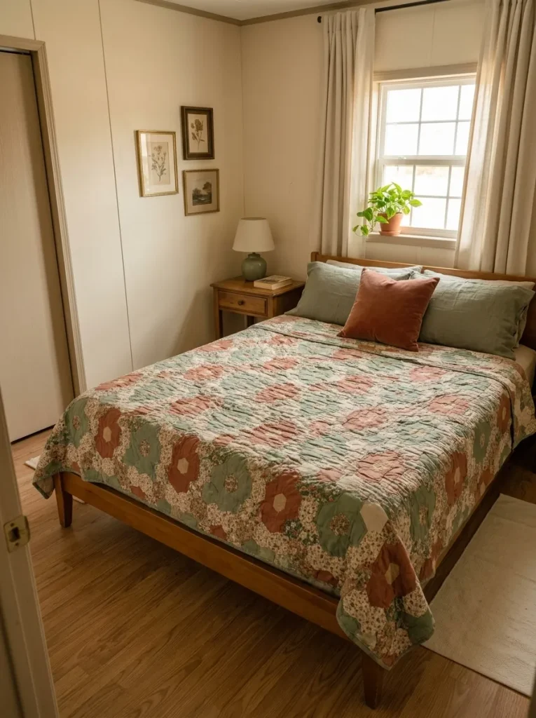Thrifted floral quilt used as the main pattern in a compact mobile home bedroom with quieter pillows and curtains.