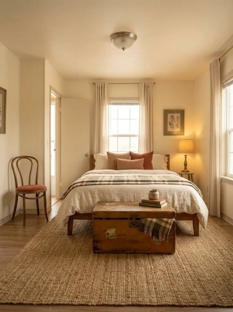 Vintage trunk providing storage at the foot of a mobile home bed while leaving enough space for comfortable circulation.