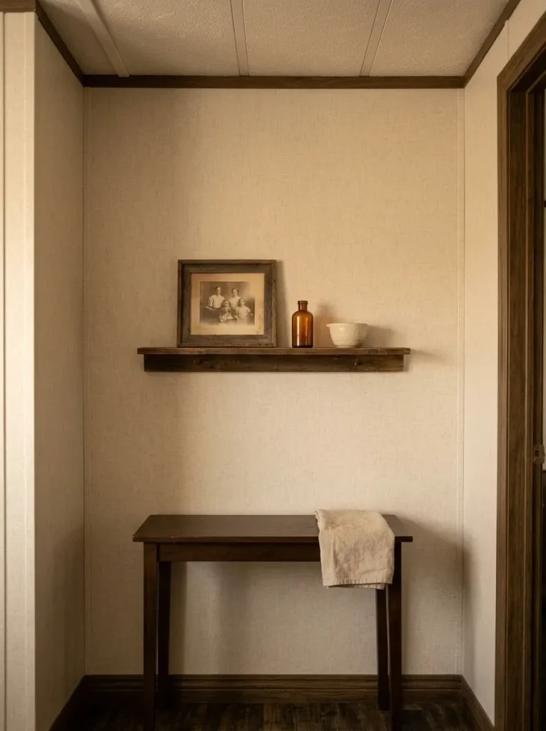 Shallow thrifted wall shelf holding three fall accents above a mostly clear mobile home counter.
