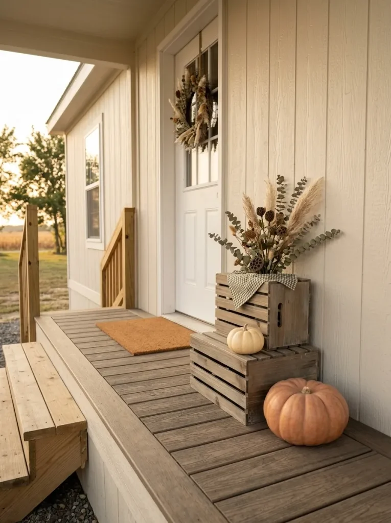 Raising a few inexpensive fall pieces at different heights creates more visual impact without spreading the display across the whole porch.