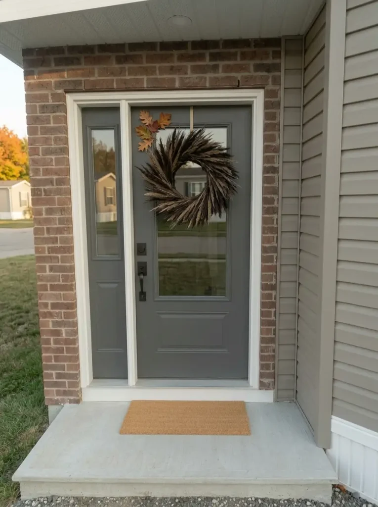 Tiny mobile home stoop with fall decor concentrated on the front door and the floor kept completely clear.