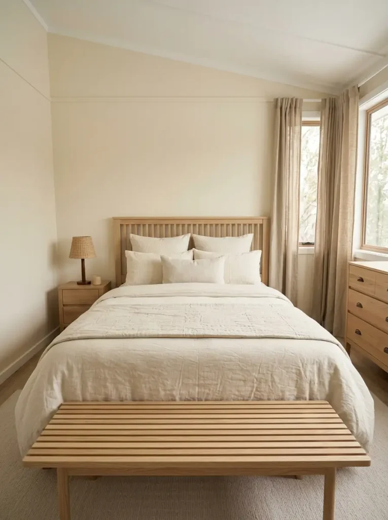 Tonal cream mobile home bedroom layered with ivory bedding, oatmeal textiles, linen curtains, and natural wood.
