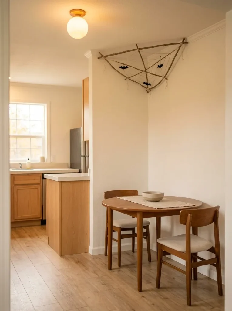 Shallow twig spiderweb mobile hanging above a compact mobile home dining nook without blocking seating.