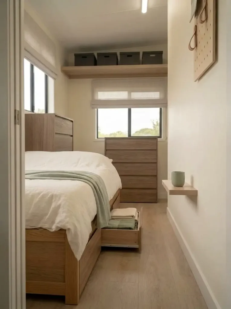 Twin guest bed with integrated drawers and clear access in a compact mobile home bedroom.