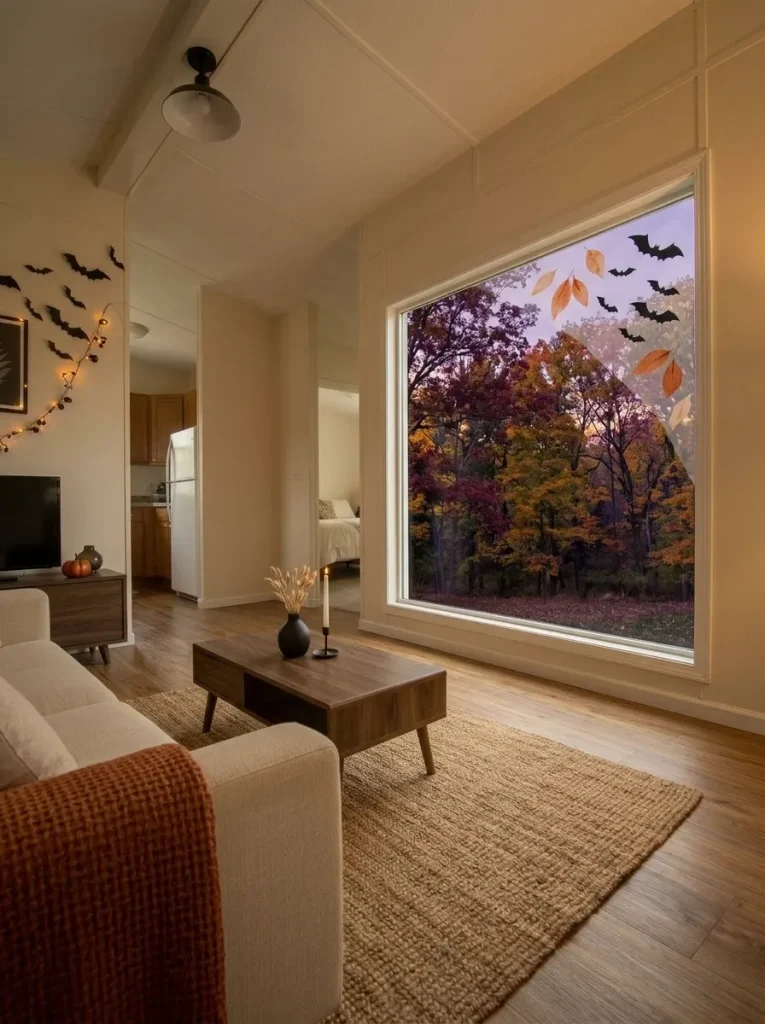 Side view of a mobile home window with sparse Halloween silhouettes that preserve daylight while creating an evening exterior display.