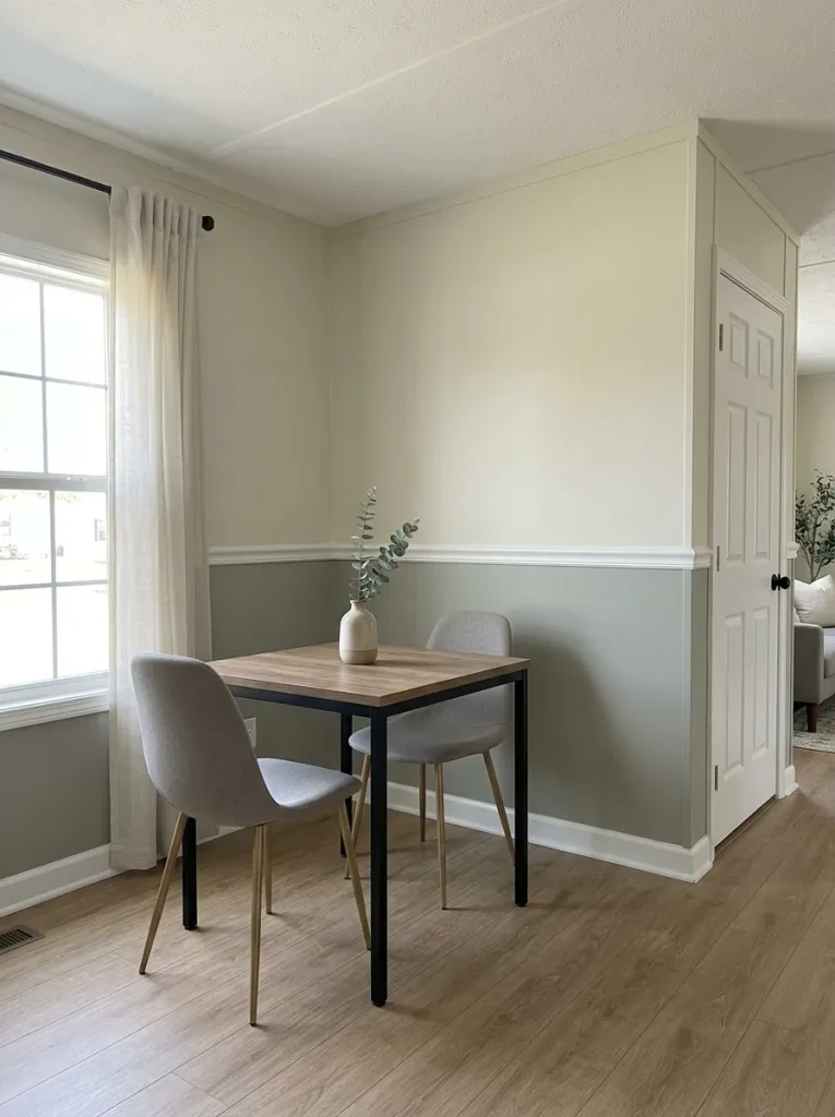 Compact mobile home dining room with a simple chair rail dividing muted sage-gray lower paint from a warm ivory upper wall.