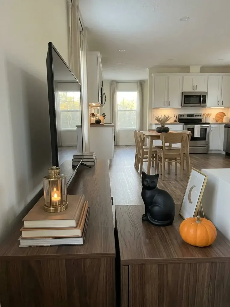 Edited Halloween shelf in a small mobile home with books, a lamp, black ceramic cat, seasonal print, and visible empty space.