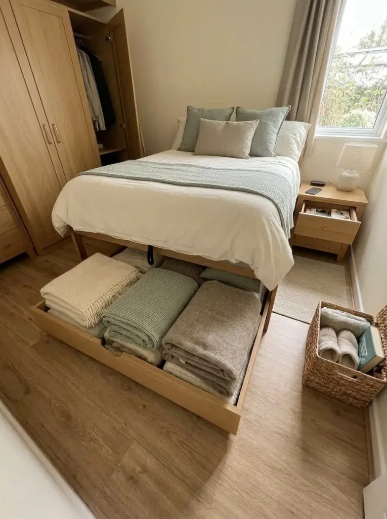 Under-bed drawer opening into the clear side aisle of a compact mobile home bedroom while the wall side stays simple.