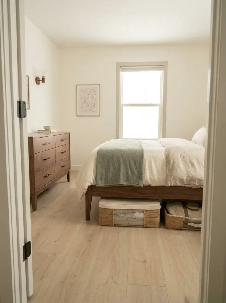 Small mobile home bedroom with low-profile under-bed containers holding seasonal bedding while the visible floor remains clear.