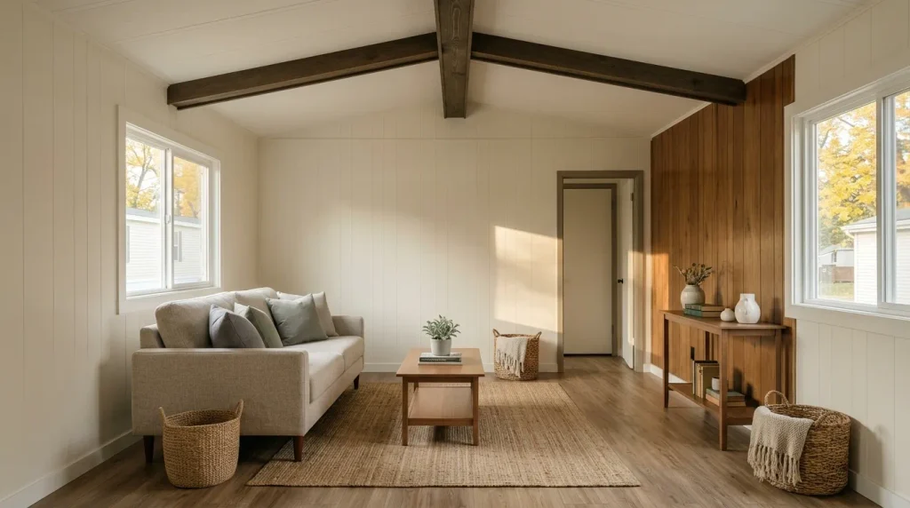 Updated older single-wide mobile home with preserved original features, fresh finishes, and intentional modern styling.