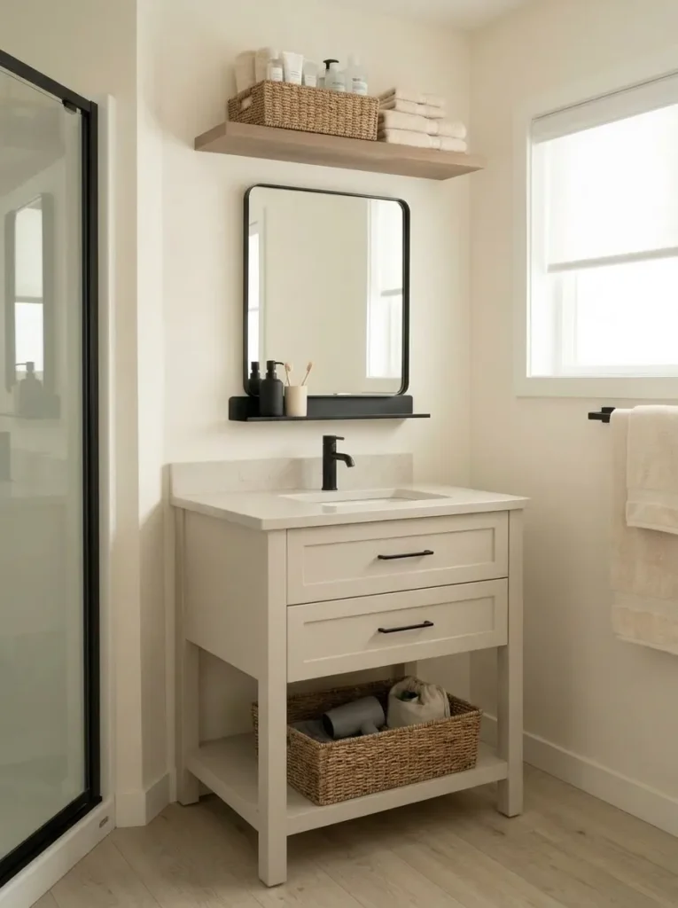 Bathroom backup supplies stored on an upper shelf while daily toiletries remain at eye level near an uncluttered vanity.