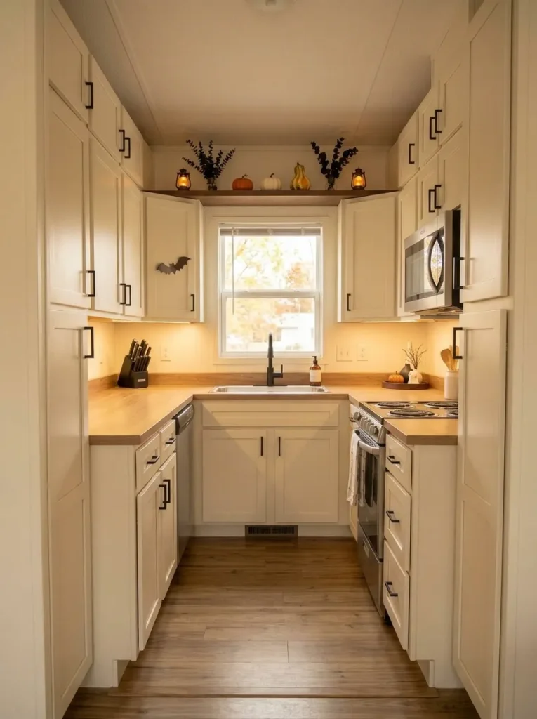 Straight-on mobile home kitchen with Halloween decorations concentrated above the cabinets while the work counters stay clear.