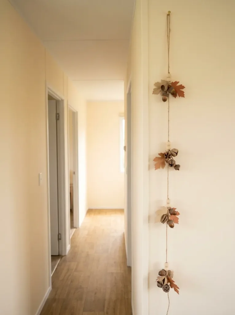 Vertical harvest string with faux acorns, seed pods, paper leaves and wood beads on a narrow mobile home hallway wall.