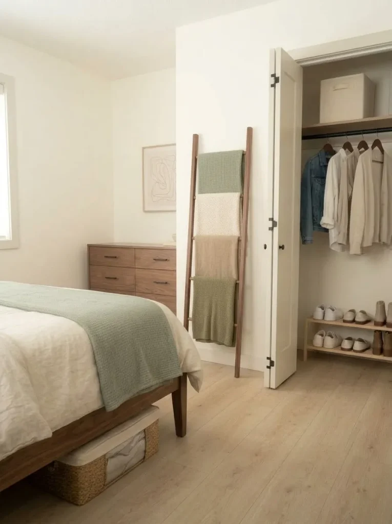 Vertical wooden blanket rack storing folded throws on a narrow bedroom wall while the chair and floor remain free.