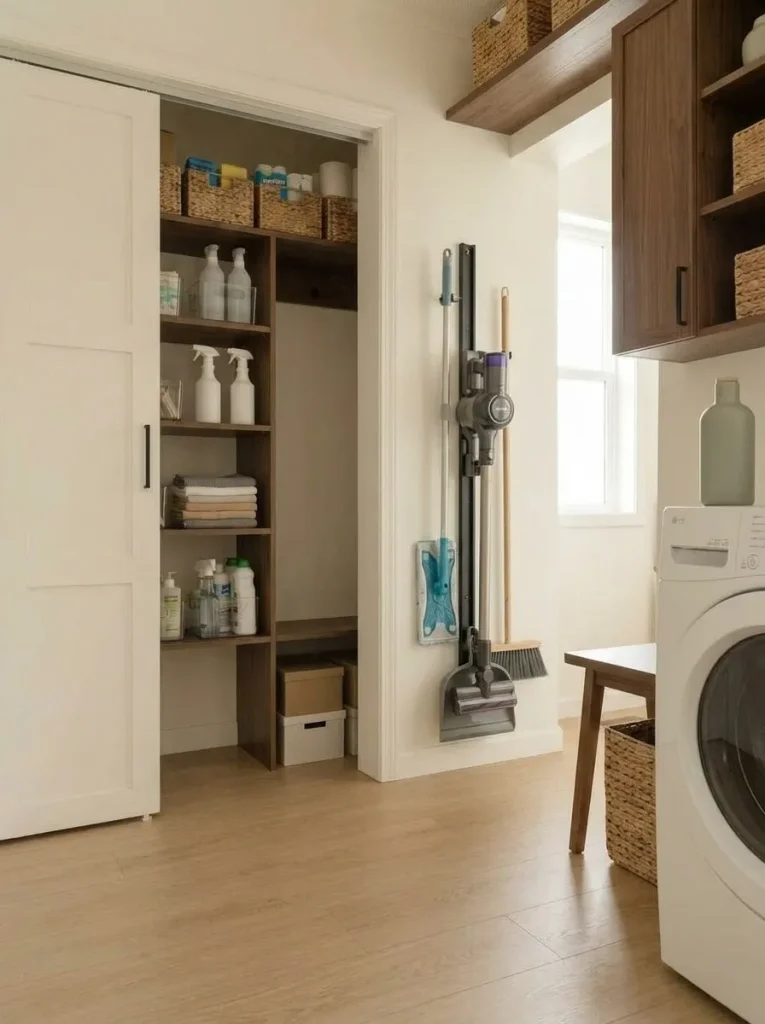 Brooms, mop and vacuum tools stored vertically in one compact utility zone beside a clear mobile home laundry floor.