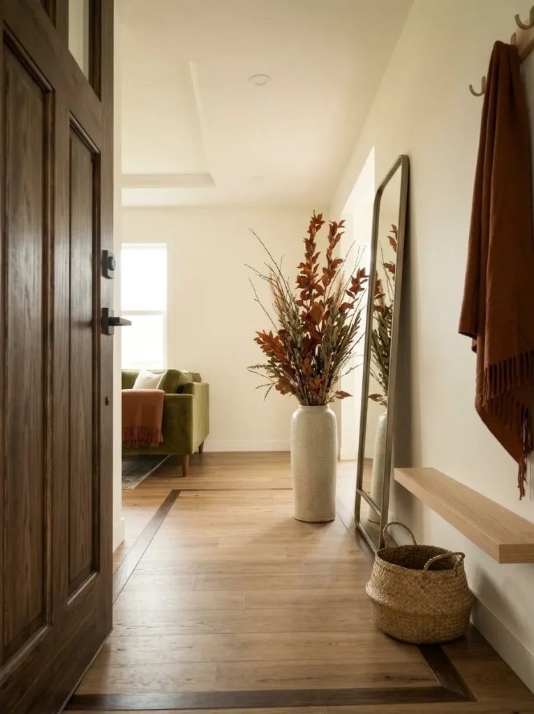 Tall fall branches and wall decor adding autumn color vertically in a narrow mobile home entryway without taking floor space.