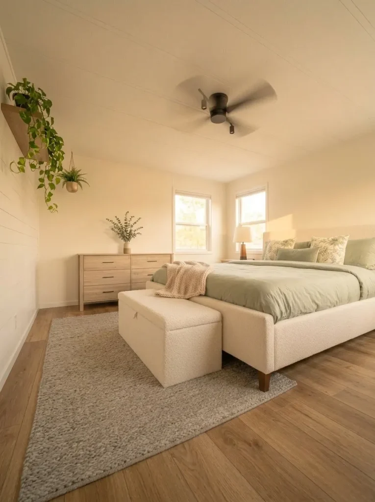 Trailing and hanging greenery adds softness above the furniture while keeping the floor open in a small mobile home bedroom.