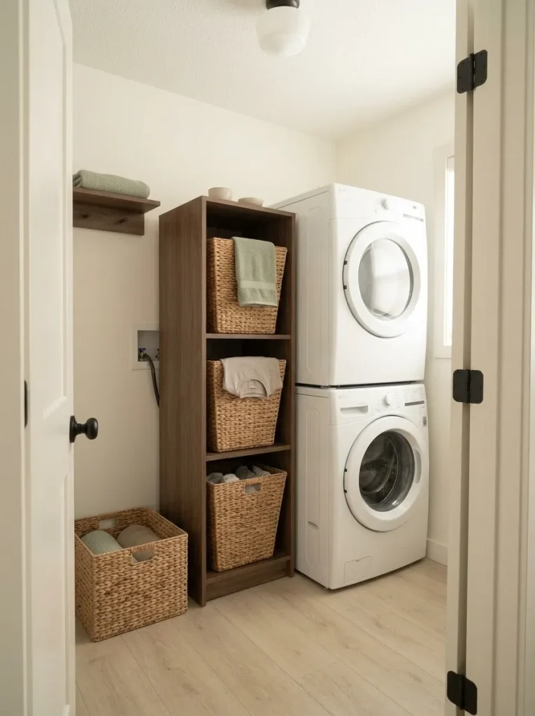 Vertical three-basket laundry tower beside white appliances preserving open floor space in a compact mobile home laundry room.