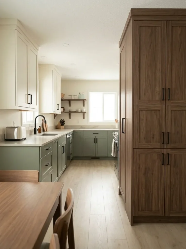 Compact mobile home kitchen with a tall pantry cabinet containing overflow while counters and the central walking route stay clear.