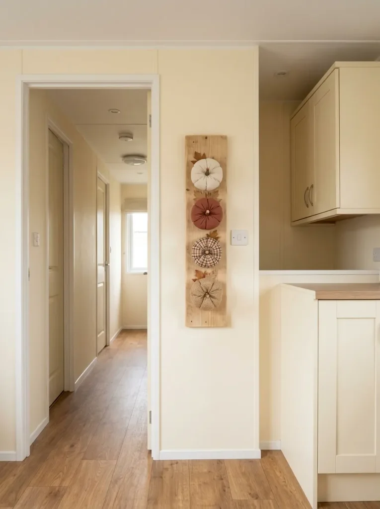 Tall wordless pumpkin stack filling a narrow wall strip beside a doorway in a compact mobile home hallway.