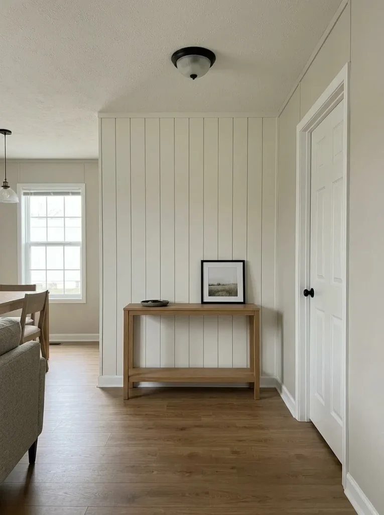 Short wall in a compact mobile home finished with vertical warm-white shiplap-look boards while adjacent walls remain plain.
