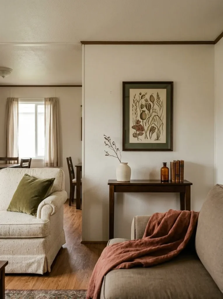 Vintage botanical art setting a muted rust, olive, cream and brown fall palette in a small mobile home living room.