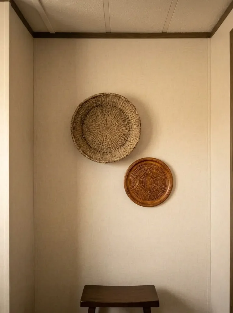 Shallow vintage basket and decorative plate adding wall texture without using floor space in a narrow mobile home.