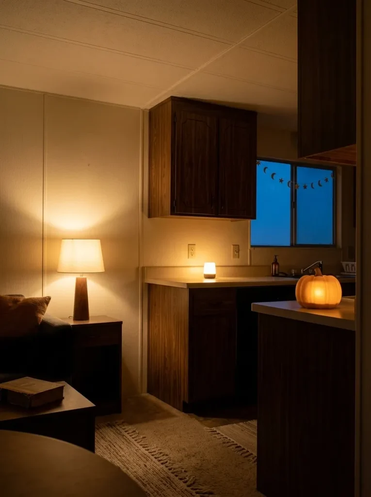 Separate pools of warm light make wood, paper, and ceramic Halloween décor feel richer after dark.