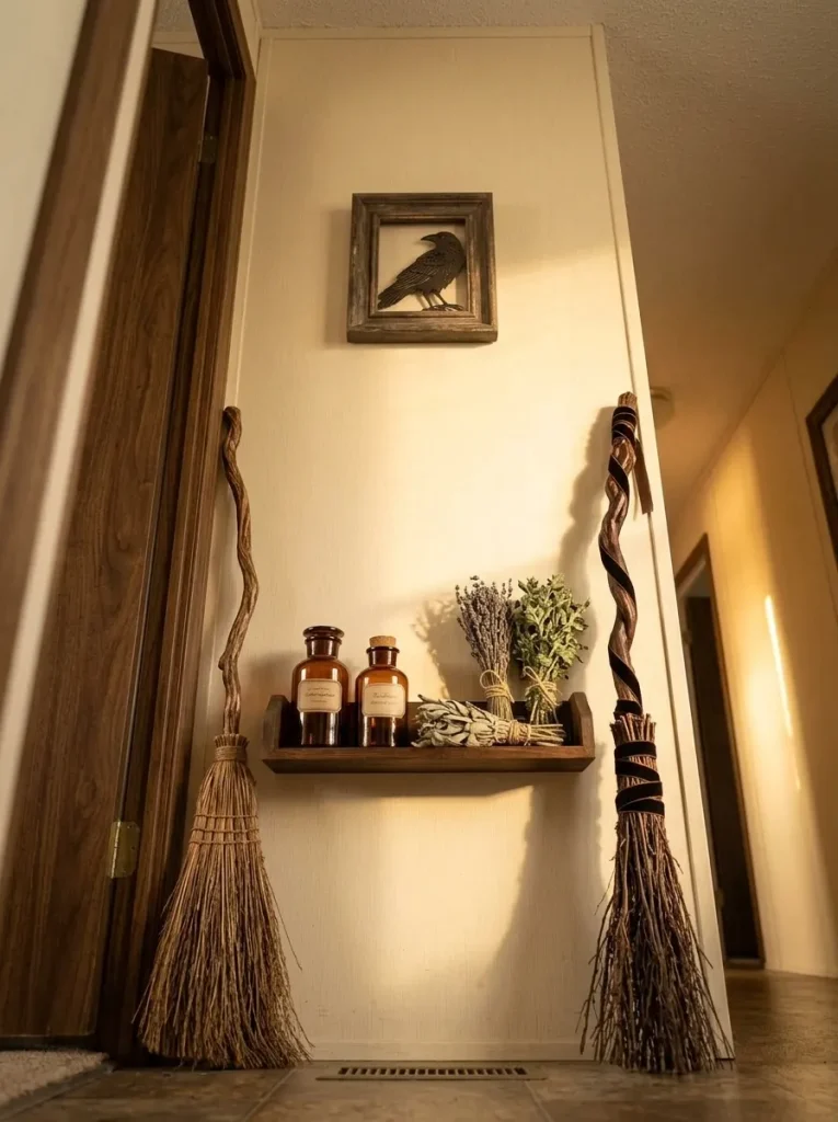 A vertical broom-and-apothecary display gives a narrow wall Halloween character without using floor space.